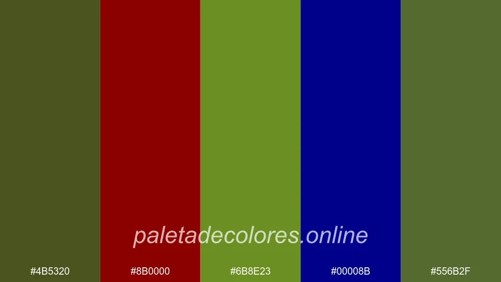 Una paleta que presenta verde militar y su color complementario, marrón rojizo.